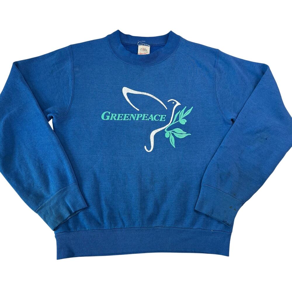 Fruit of the Loom Vintage Greenpeace Graphic Sweatshirt Size Small Blue Crewneck